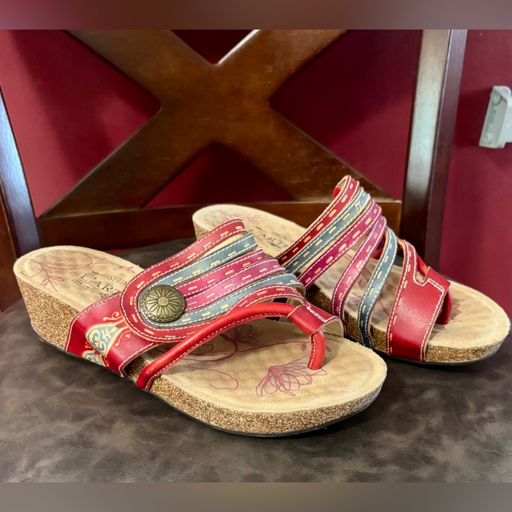 L’Artiste SpringStep Red Leather Sandal Claudia Cork wedge size 38 (US 8)